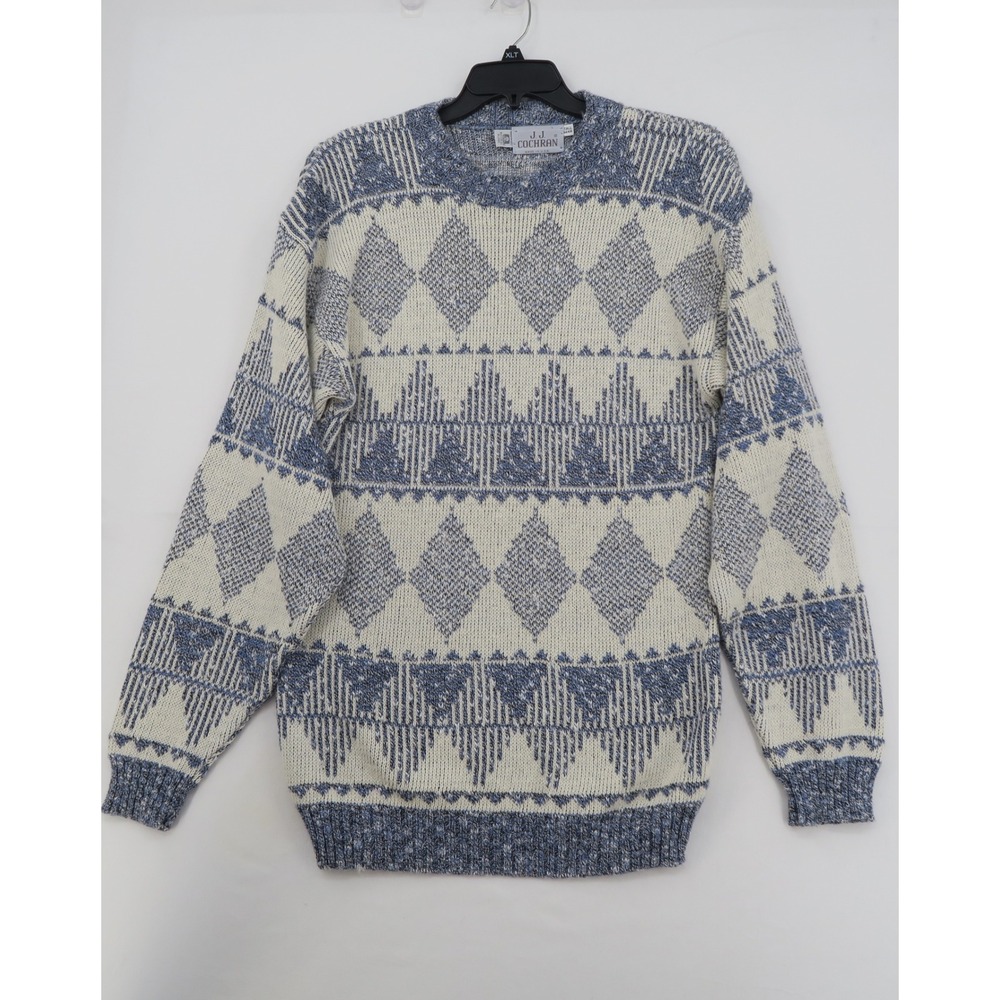 JJ Cochran Vintage Mens Tall Large Blue Cream Geometric Knit Sweater Made in USA